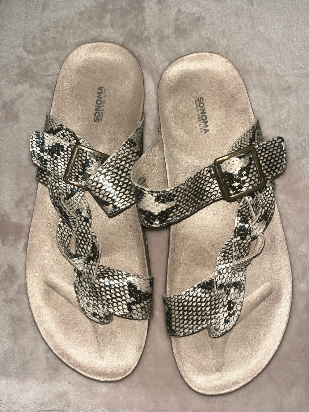Sonoma Braided Snake-Print Slide Sandals in Black and Cream